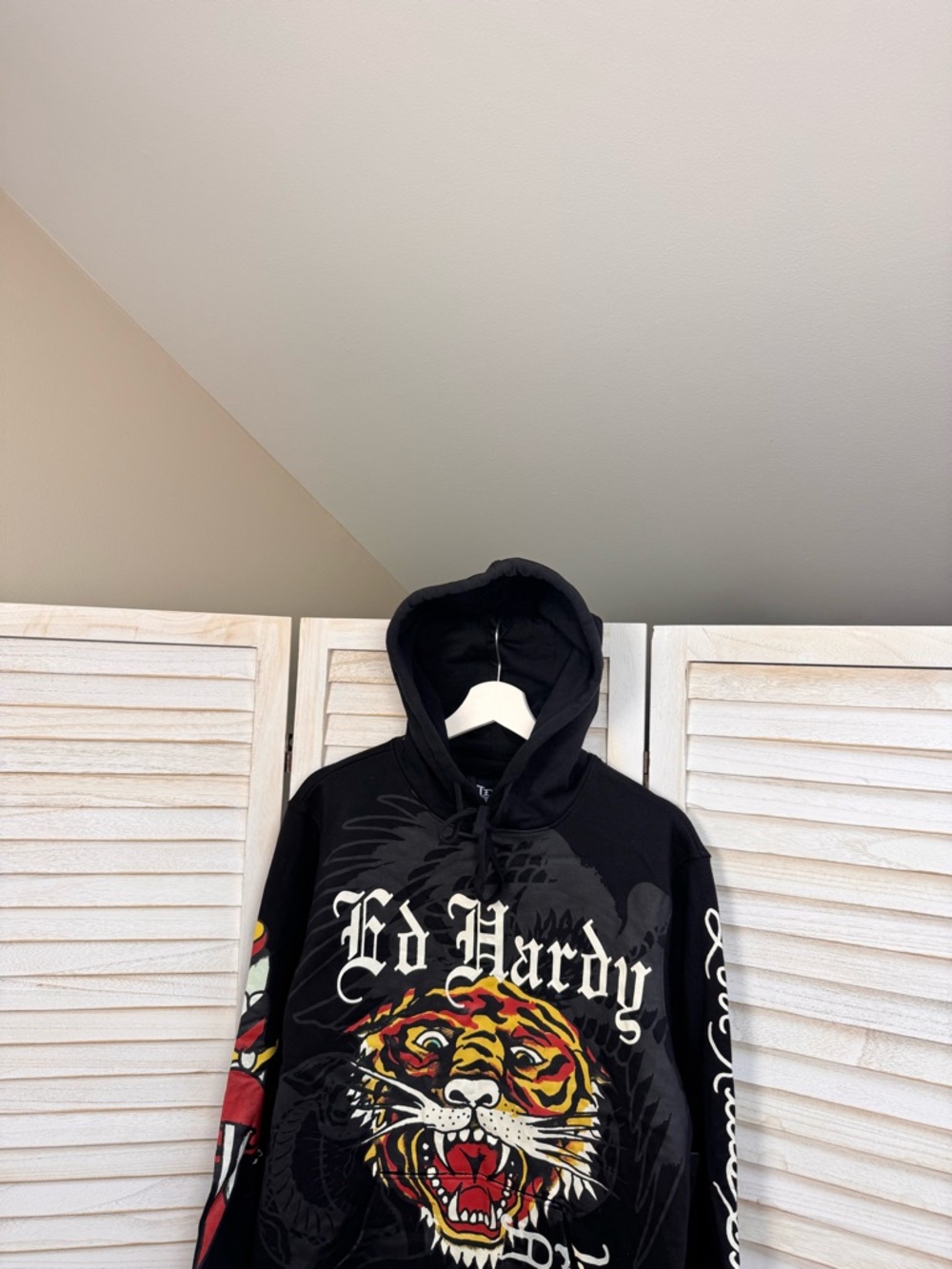 Ed Hardy Black Hoodie with Red Yellow Orange Tiger Graphic